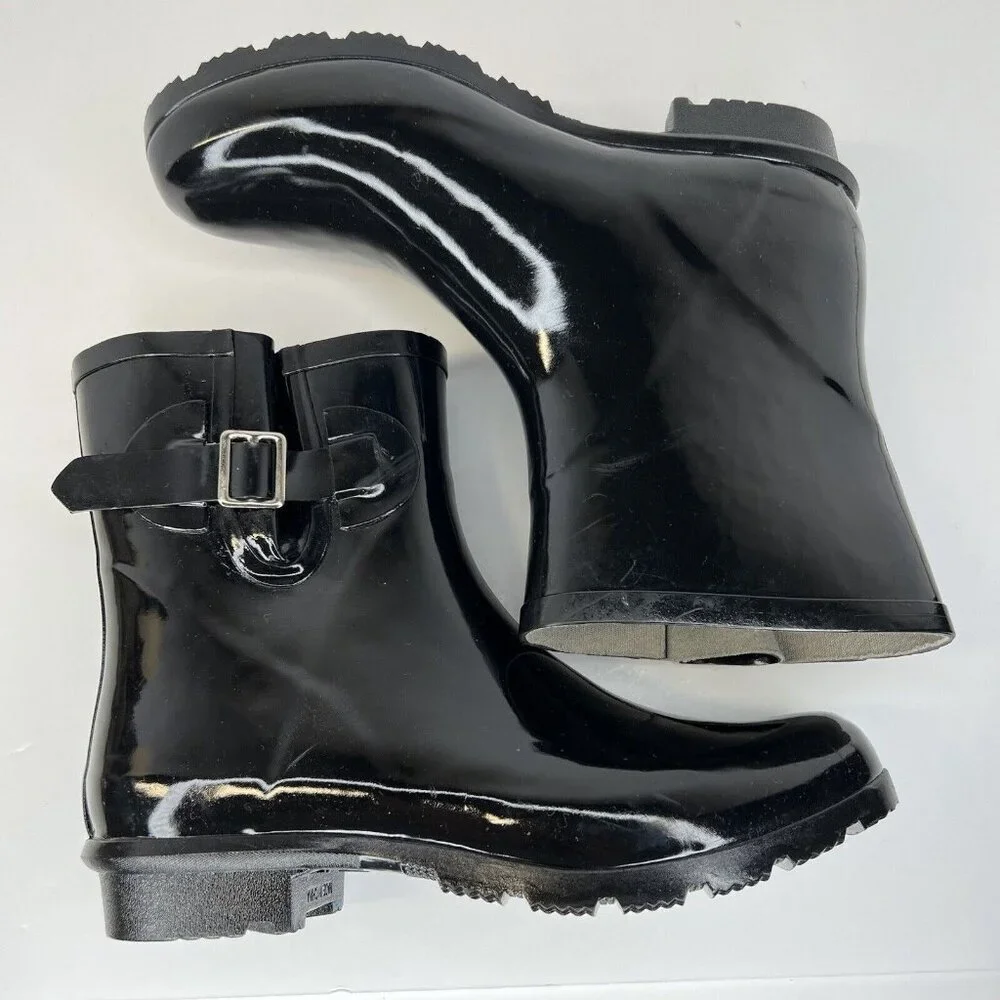 Nomad Dew Waterproof Rain Boots Womens Size 8 Silver Buckle Shiny Solid Black